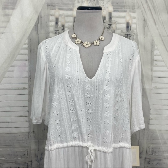 Nurture Westbound Size 2X White V-Neck Tiered Maxi Dress Short Sleeve Drawstring - Picture 5 of 14